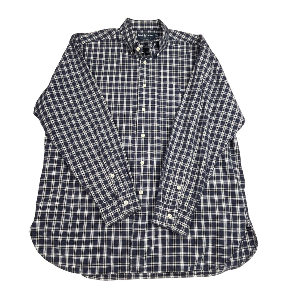 Ralph Lauren EUC Button Down Men's L Navy Plaid McNeel Cotton Long Sleeve - Picture 2 of 11